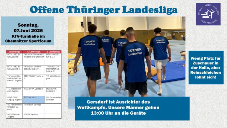 Blau-Weiß Gersdorf als Gastgeber des 3. Wettkampftages der offenen Thüringer Landesliga am 7. Juni 2026 in Chemnitz
